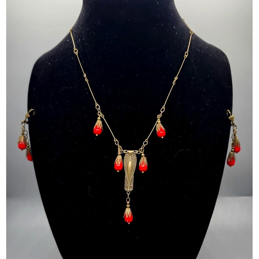 Vintage Style Bronze Red Teardrop Bead Necklace and Earring Set Art Nouveau
